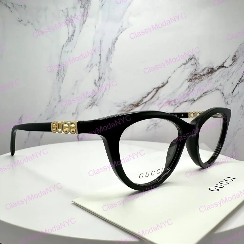New GUCCI Eyeglasses Black 50mm Acetate Cat Eye Gold Cut Out Metal Logo Rx-able
